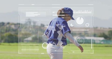 Baseball player walking in field with futuristic data overlay