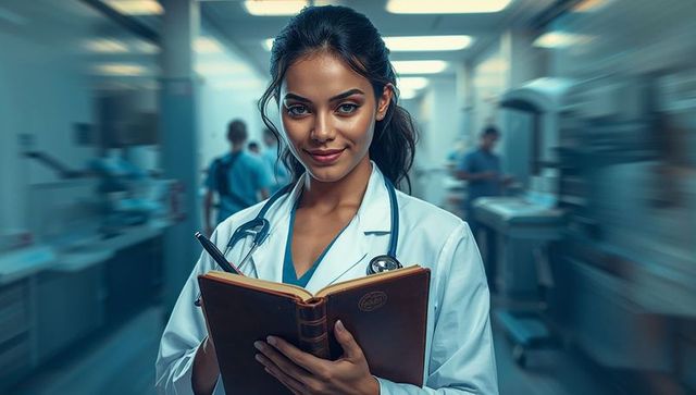 Confident female doctor in hospital corridor holding notepad and notes