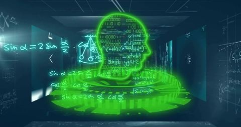 Neon green ai hologram head hovering over circular data platform with floating equations