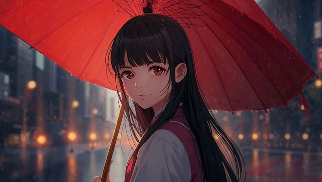 Schoolgirl Holding Red Umbrella on Rainy City Street at Dusk with Warm Lamp Reflections