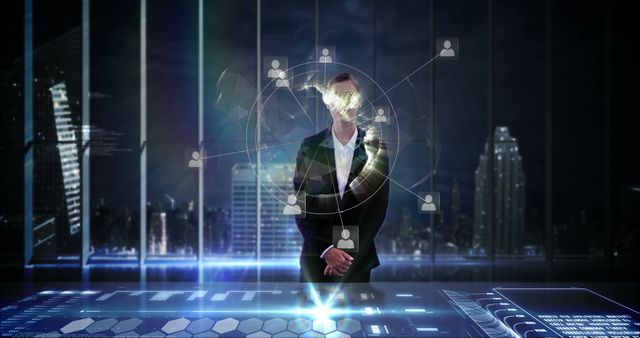 Businessman Using Digital Interface with Network Connections in Futuristic Office - Download Free Stock Images Pikwizard.com