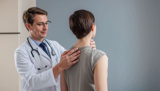 Doctor examining patient neck and shoulder during clinical checkup in medical clinic