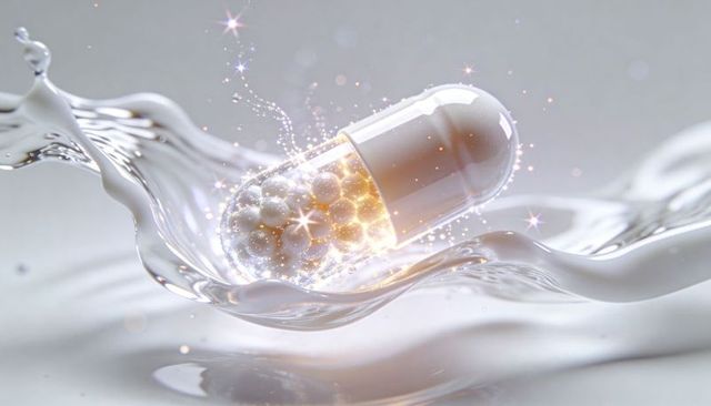 Pearl-filled capsule floating in milky liquid with sparkling glow and glossy splash