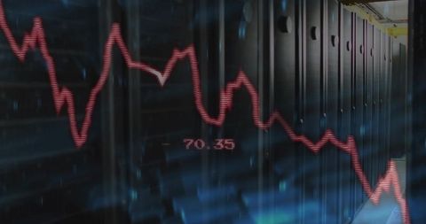 Data Center Server Rack Aisle Displaying Declining Red Analytics Chart Blue Light Streaks