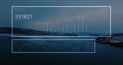 Futuristic data interface over tranquil coastal seascape