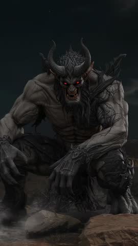 Horned demon emerging from darkness, sniffing air and coiling to strike — vertical fantasy action cl