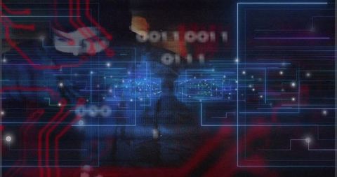 Glowing Facelike Silhouette Hovering Behind Neon Cyber HUD with Twin Blue Circuit Grids