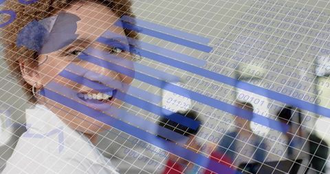 Smiling Businesswoman with Holographic Data Visualization and Binary Code Overlay