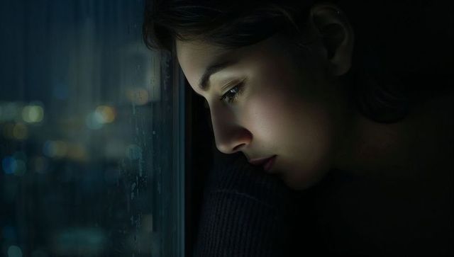 Pensive woman leaning on rain-streaked window at night with city bokeh reflection