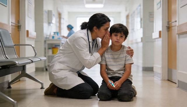 Kneeling doctor comforting worried boy in hospital corridor, pediatric care reassurance