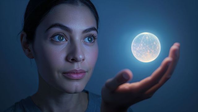 Young woman holding glowing holographic network orb while gazing in blue low-key portrait