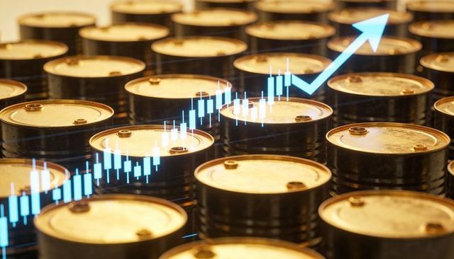 Bullish oil market concept with rows of metal barrels and rising candlestick chart