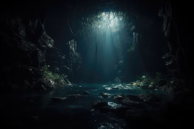 Rays of sunlight and plant life in underwater cave, created using generative ai technology. Nature, diving and underwater exploration concept digitally generated image.