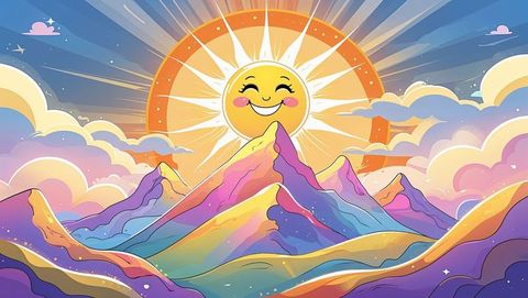 Whimsical Sun Smiling Over Dreamy Mountain Landscape at Dawn