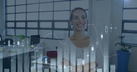 Businesswoman in Modern Office Analyzing Financial Data Visualization