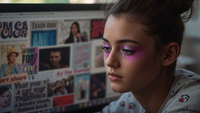 Teen girl wearing glittery pink makeup gazing at computer collage sitting at bedroom desk in pajamas
