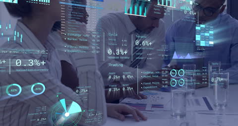 Diverse Team Analyzing Financial Data with Futuristic Graphics Overlay