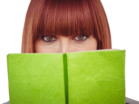Woman with Red Hair Reading Lime Green Book Transparent Background