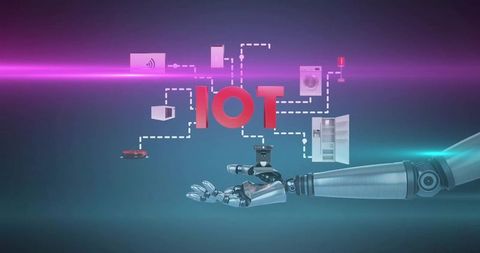 Robotic arm presenting iot smart home device network with futuristic neon connectivity glow