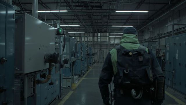 Technician walking down industrial control aisle inspecting panels wearing backpack
