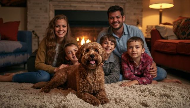Cozy family relaxing by fireplace with happy brown labradoodle on shag rug