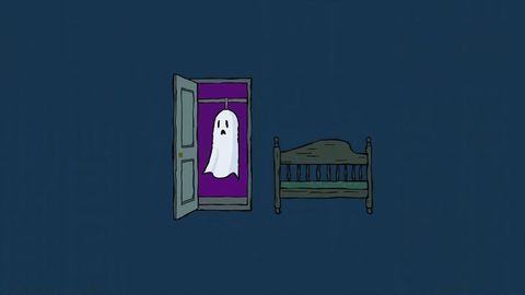 Minimalist ghost costume hangs in green closet against dark background