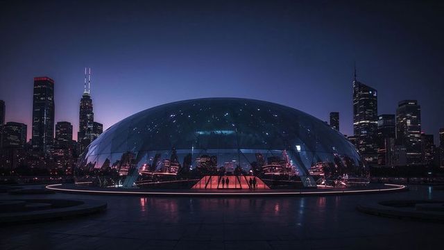 Futuristic glass dome in illuminated cityscape at night