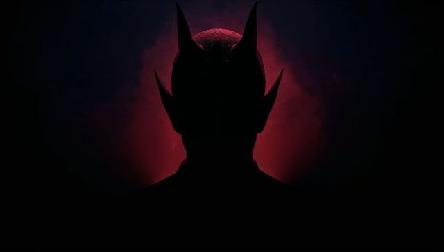 Silhouette demon king with horned crown and crimson backlight dramatic dark fantasy