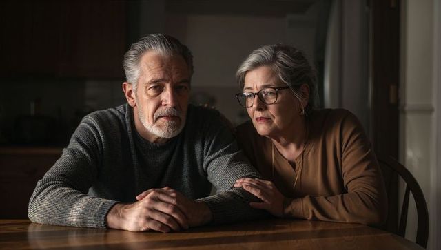 Mature couple sharing quiet moment at kitchen table offering comfort and reflection