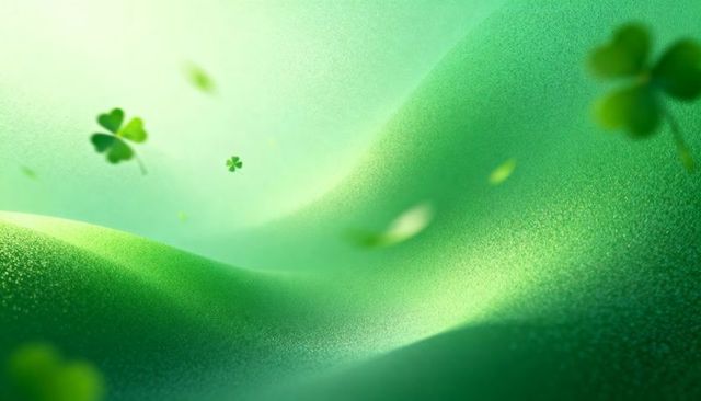 Floating clover leaves drifting over undulating mint-green dunes with soft grainy glow