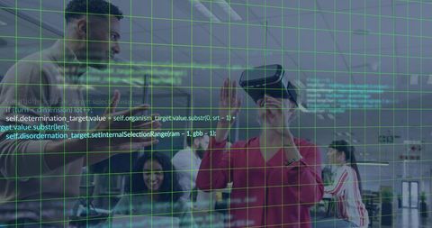 Woman Testing VR Headset as Team Collaborating with AR Grid and Code Overlay in Office