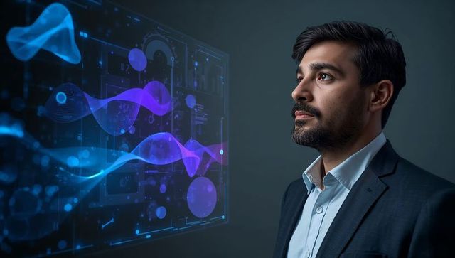 Executive Studying Holographic AI Data Waves Visualizing Analytics and Digital Insights