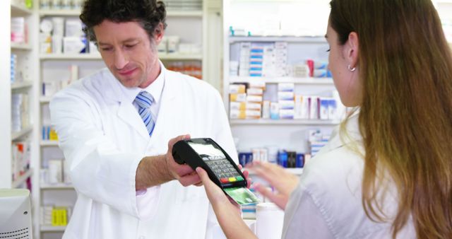 Image depicts a pharmacist in white lab coat assisting a customer with contactless payment at a pharmacy. Ideal for use in healthcare and pharmaceutical articles, blogs about modern pharmacy practices, and content highlighting contactless and cashless payment solutions in medical settings.