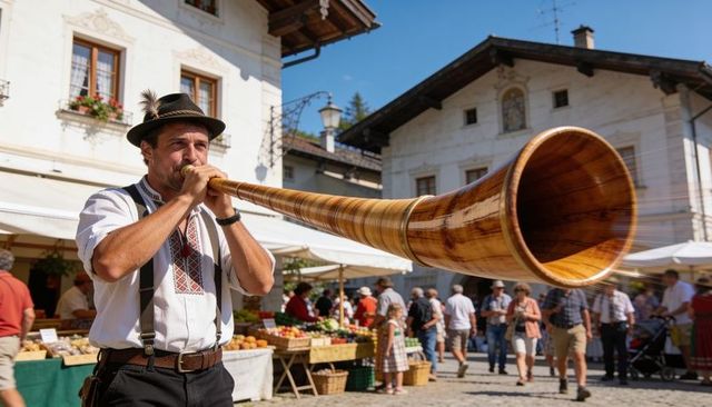 Alphorn musician performing at sunlit alpine village market in traditional dress