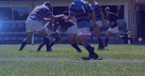 Rugby players engaged in dynamic match on sunny day