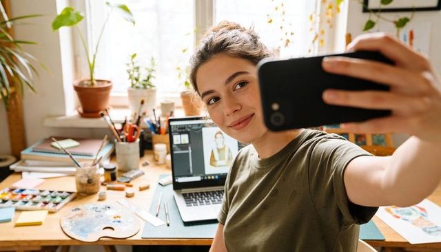 Young woman artist taking selfie in home studio with watercolor palette, laptop, plants