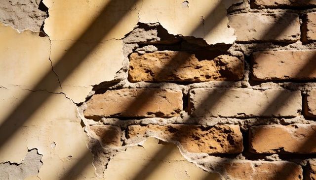 Sunlit peeling plaster revealing weathered red brick wall with diagonal slat shadows