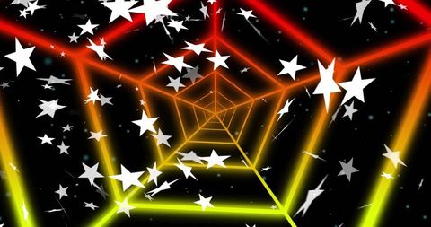 Neon star tunnel receding into void with glowing polygonal grid and floating white stars