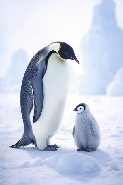 Close up of emperor penguin standing with chick in snow, created using generative ai technology. Nature, animal and wildlife concept digitally generated image.