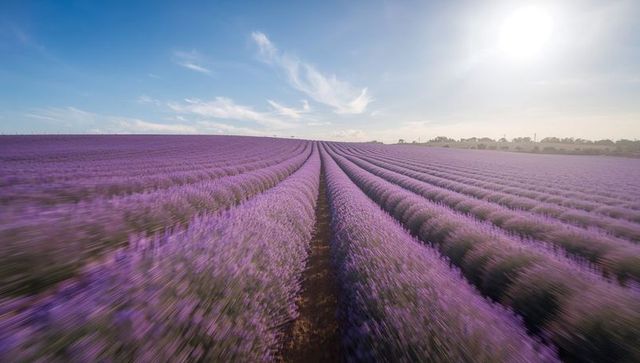 Stretching Lavender Fields Leading to Horizon Under Bright Sun and Blue Sky