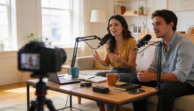 Energetic cohosts recording casual podcast in bright home studio with dslr and boom mics