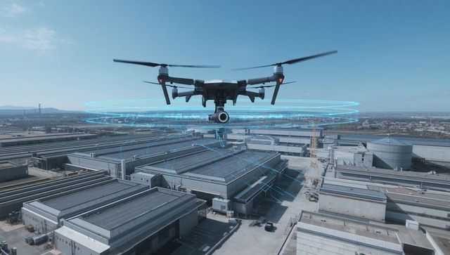 Hovering quadcopter drone scanning industrial warehouse roofs with holographic mapping rings