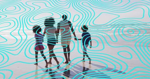 Family Beach Walk with Creative Vaporwave Overlay Patterns