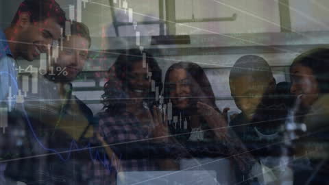 Diverse Team Celebrates with Financial Data Overlay