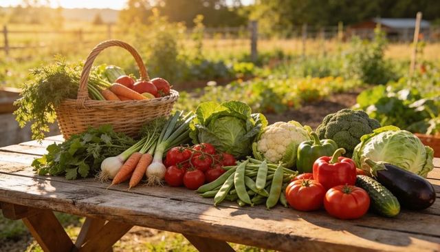 Sunlit farm table displaying fresh organic vegetables in wicker basket golden hour harvest
