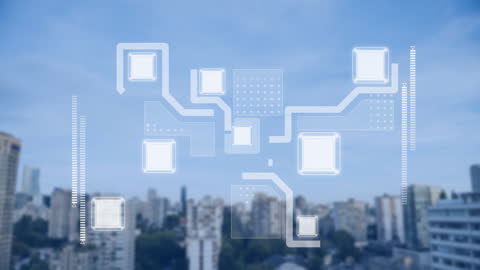 Digital Interface Circuit Overlay on Urban Skyline