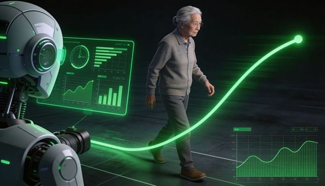 Senior woman walking by robot showing green holographic analytics and upward trend
