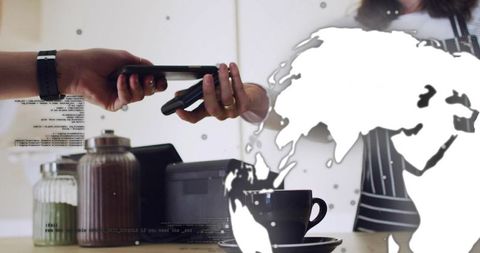 Customer paying with smartphone at cafe counter using contactless pos terminal with barista