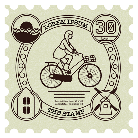 Vintage bicycle adventure stamp with transparent background