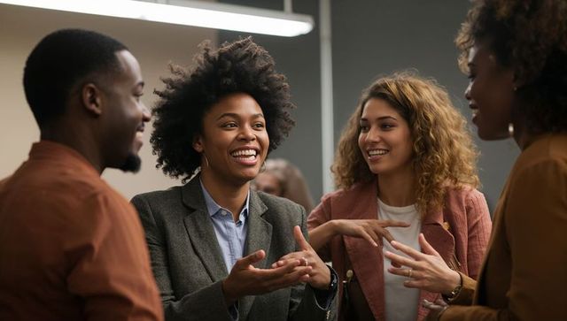 Diverse professionals networking and sharing ideas while laughing in modern boardroom